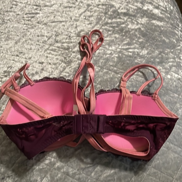 Victoria Secret Pink Maroon and Pink Lace Date Night Push Up Bra - Size 34DD. - Picture 2 of 6